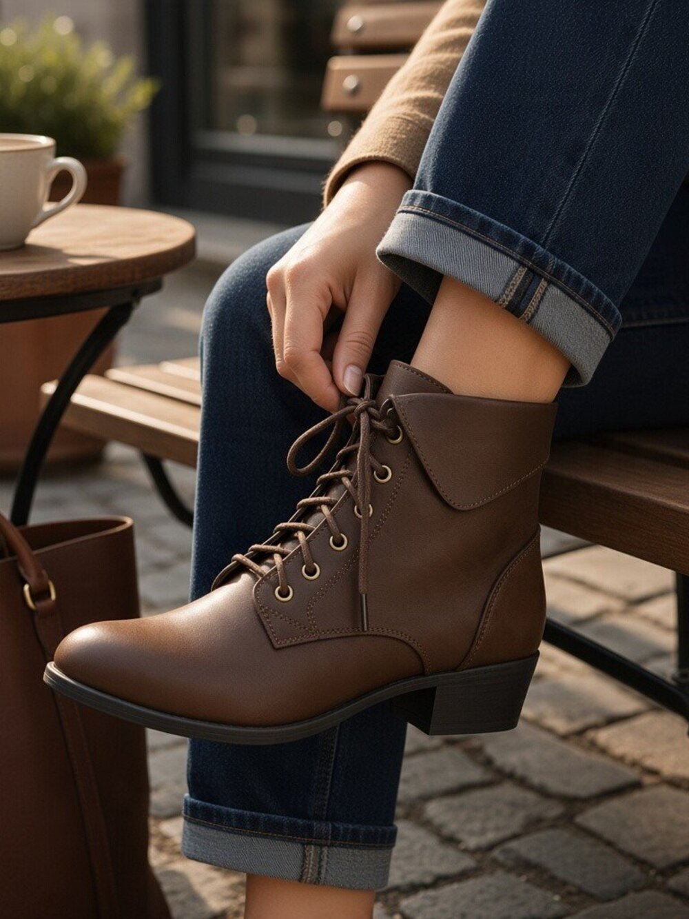 Top Moda Foldover Lace Up Ankle Boots Low Block Heel Booties Derby Shoes
